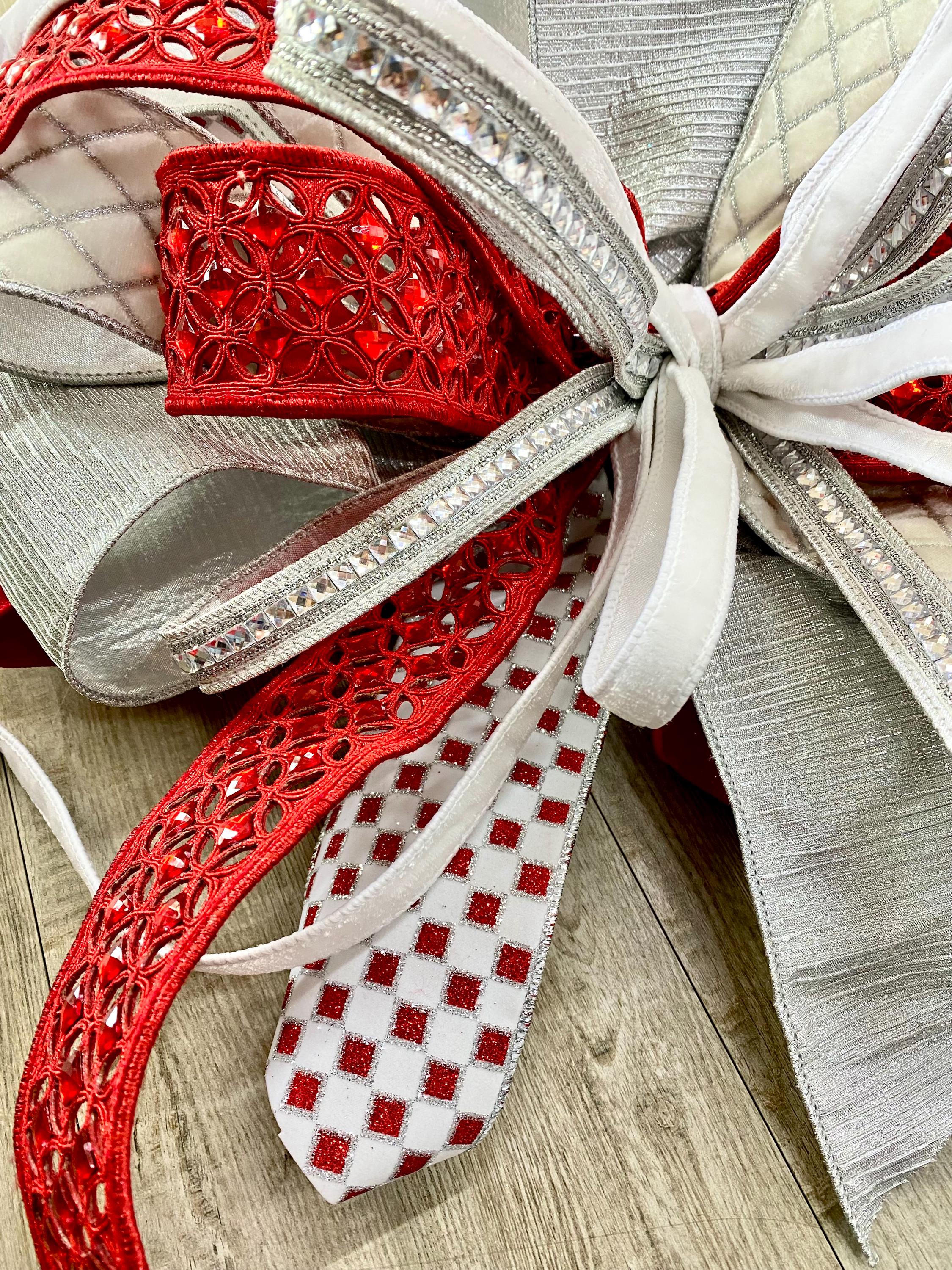 Red and White and GLAM Bow, Jeweled Luxury Wired ribbon - Oversized Bow, Outdoor Bow, Weather Resistant, red Bow