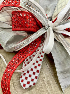 Red and White and GLAM Bow, Jeweled Luxury Wired ribbon - Oversized Bow, Outdoor Bow, Weather Resistant, red Bow