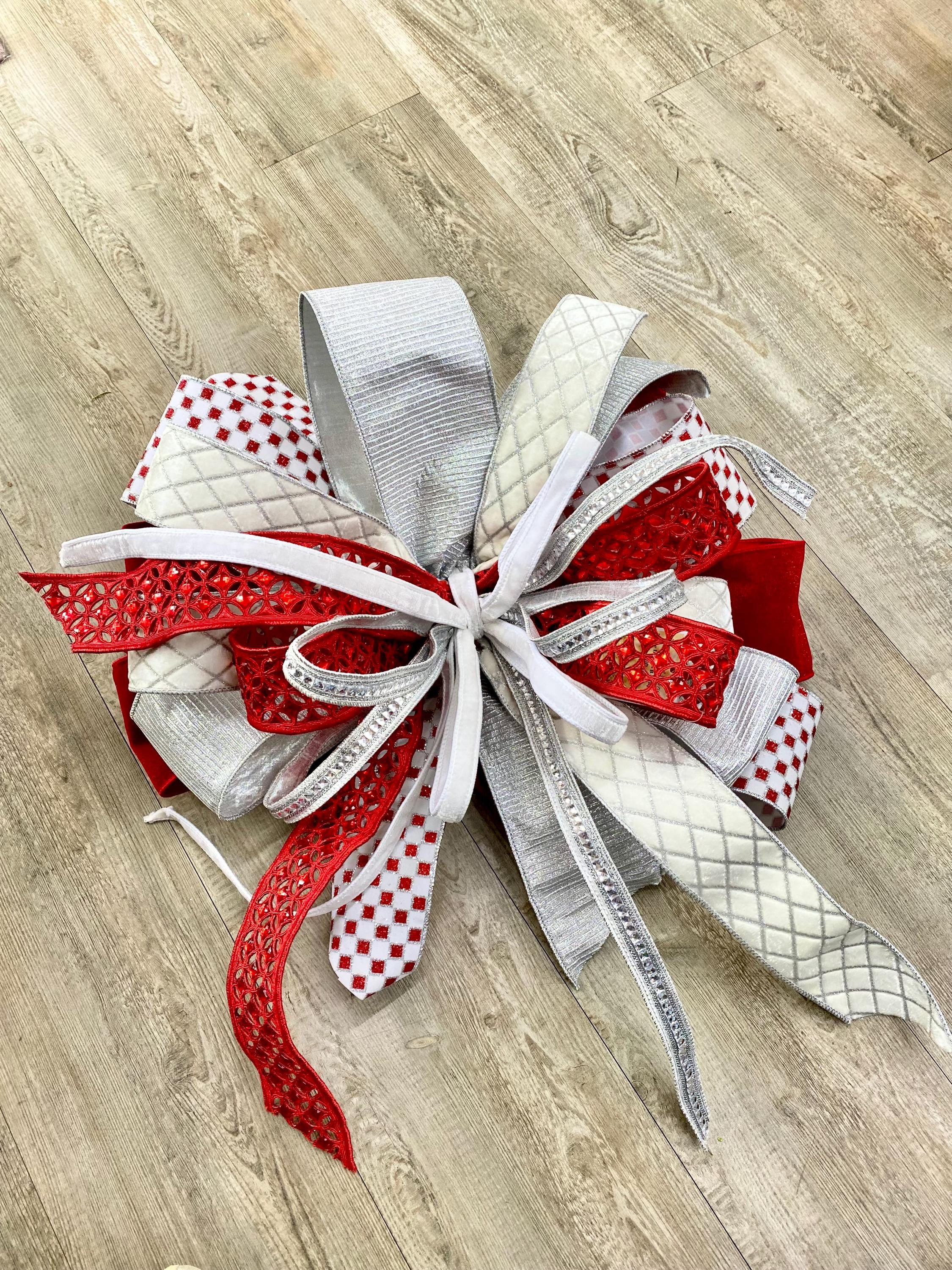 Red and White and GLAM Bow, Jeweled Luxury Wired ribbon - Oversized Bow, Outdoor Bow, Weather Resistant, red Bow