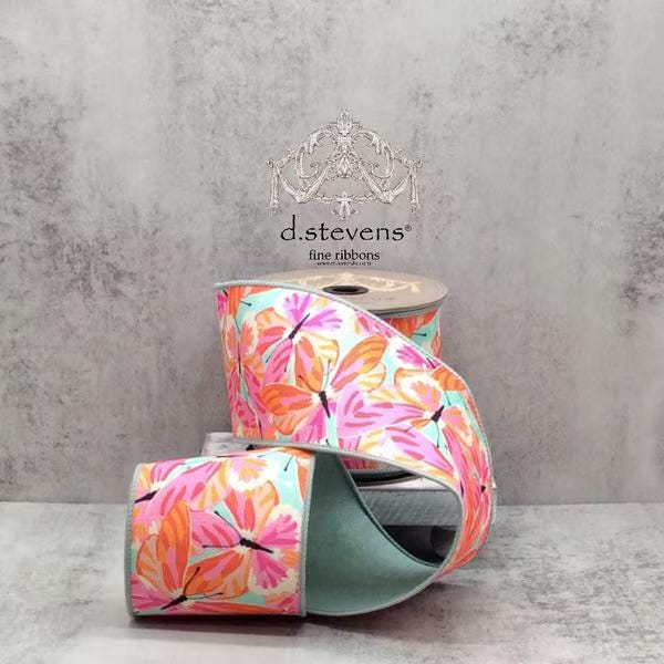 4 inch Colorful Butterfly Ribbon ~ Celadon Backing