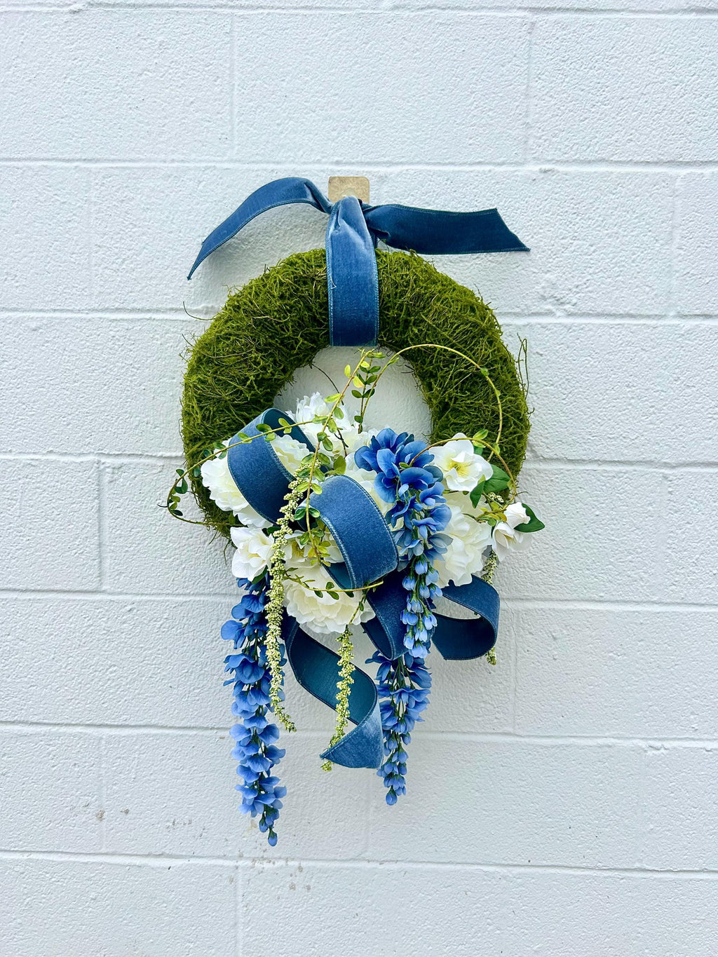 Elegant Blue Front Door Wreath – Velvet Ribbon - French Floral Design - Summer Porch - Entryway Accent