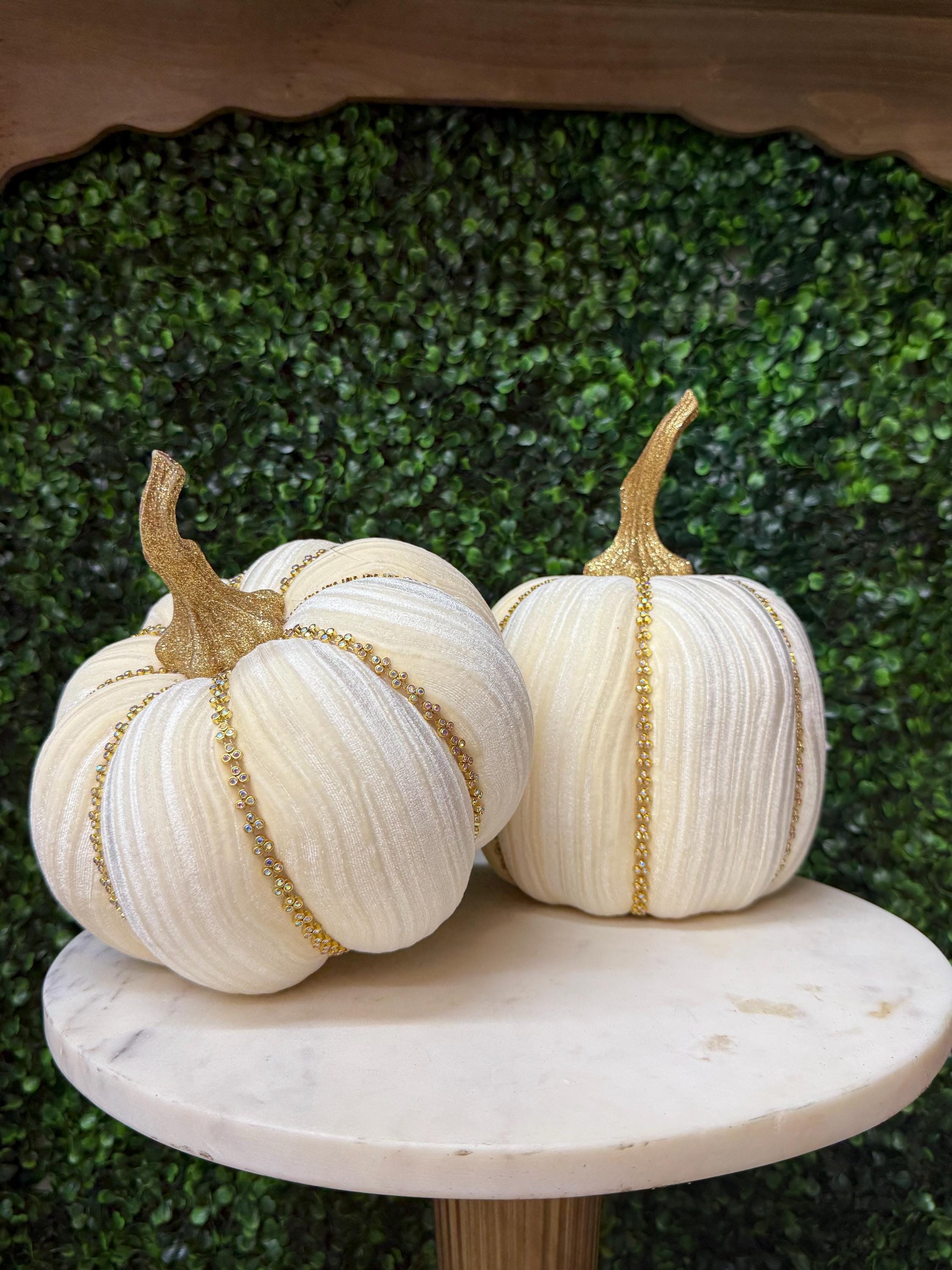 Mark Roberts Ivory Velvet Pumpkin with Diamonds 8 inch - WIDE