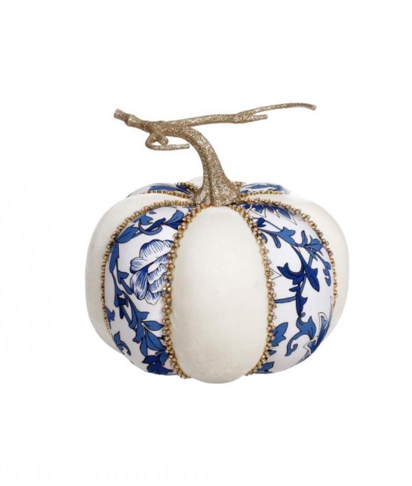Mark Roberts Blue Chinoiserie Toile and White Velvet Pumpkin with Diamonds 8 inch - WIDE