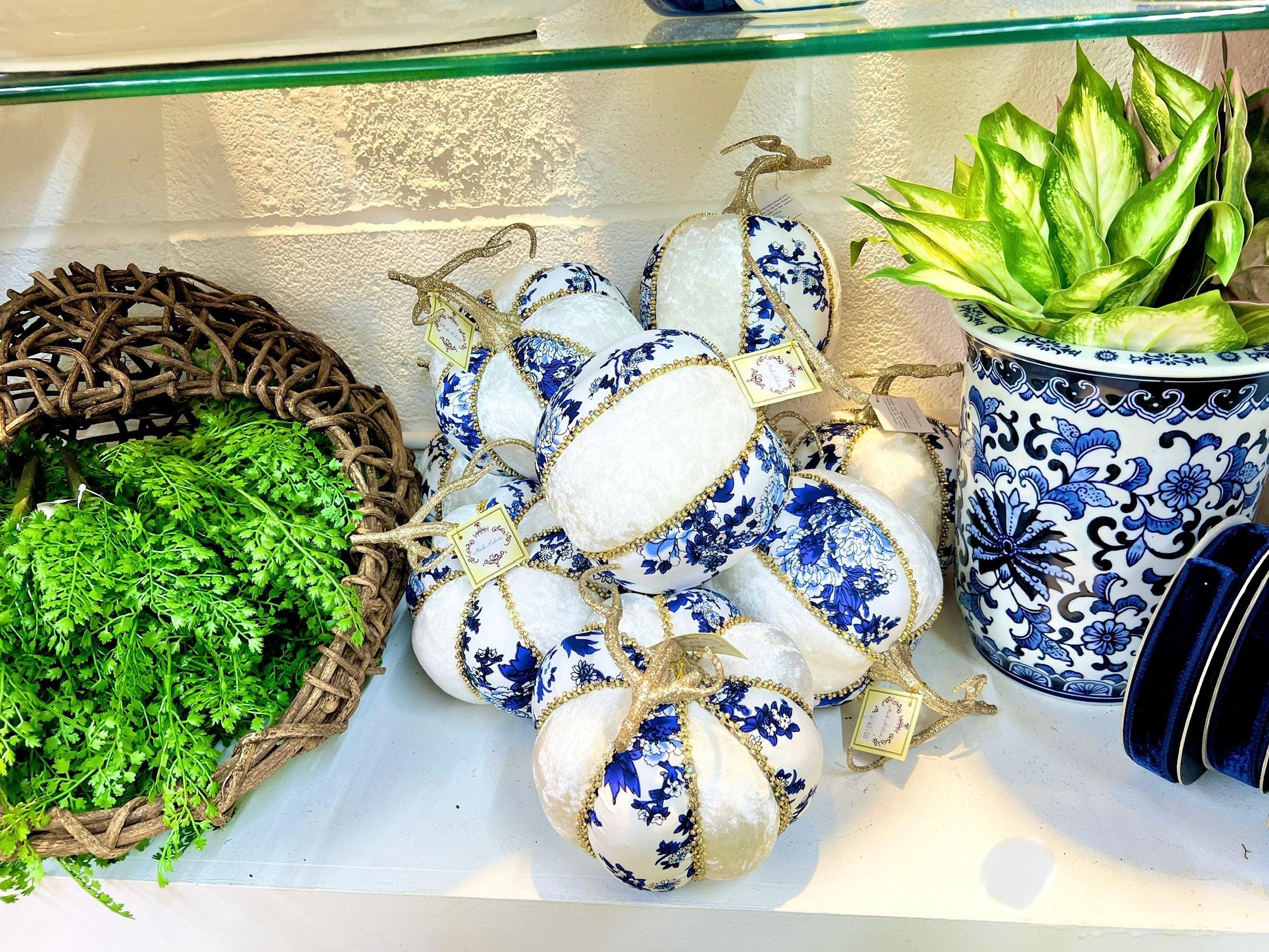 Mark Roberts Blue Chinoiserie Toile and White Velvet Pumpkin with Diamonds 8 inch - WIDE