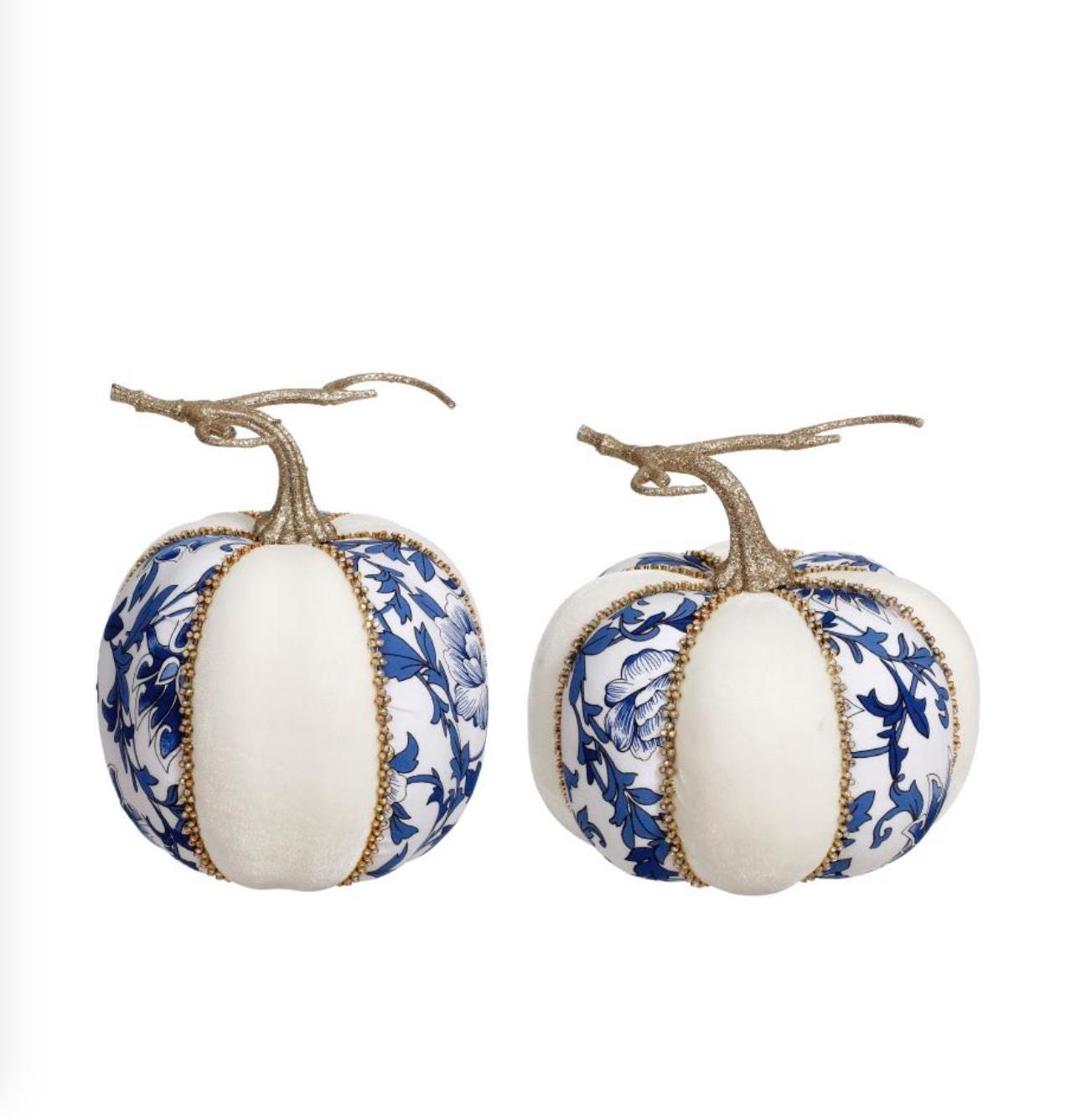 Mark Roberts Blue Chinoiserie Toile and White Velvet Pumpkin with Diamonds 7 inch - TALL