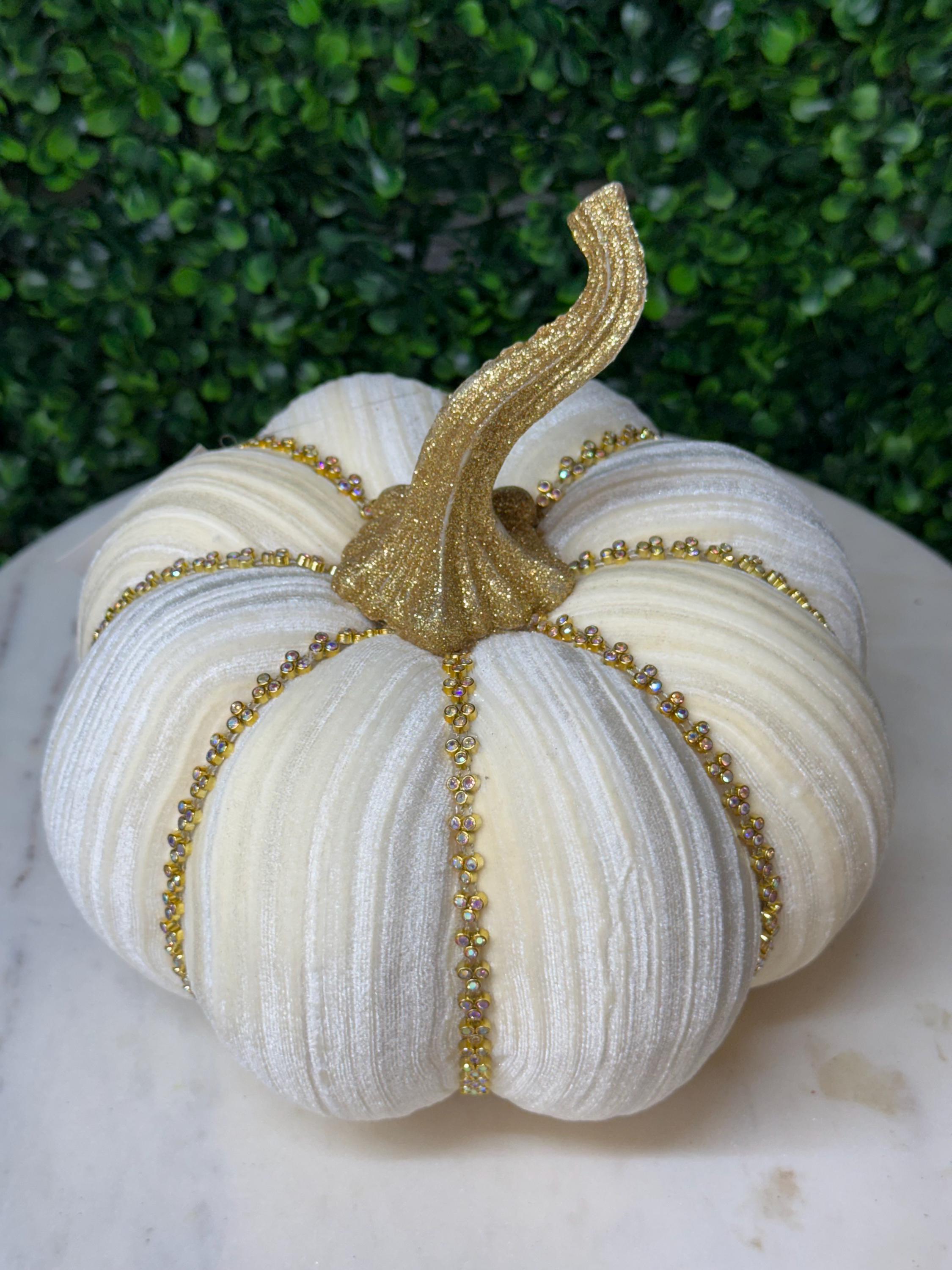 Mark Roberts Ivory Velvet Pumpkin with Diamonds 8 inch - WIDE