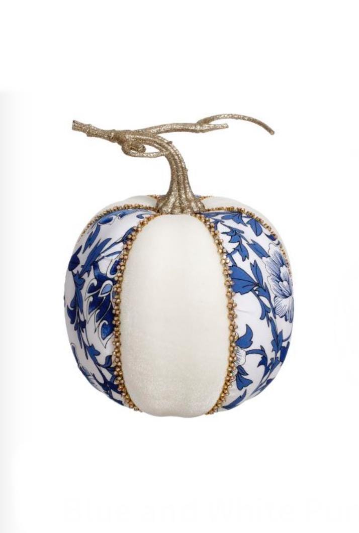 Mark Roberts Blue Chinoiserie Toile and White Velvet Pumpkin with Diamonds 7 inch - TALL