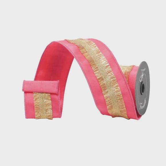 Pink Ribbon with Gold Tinsel -2.5 inch - 10 yards - Wired