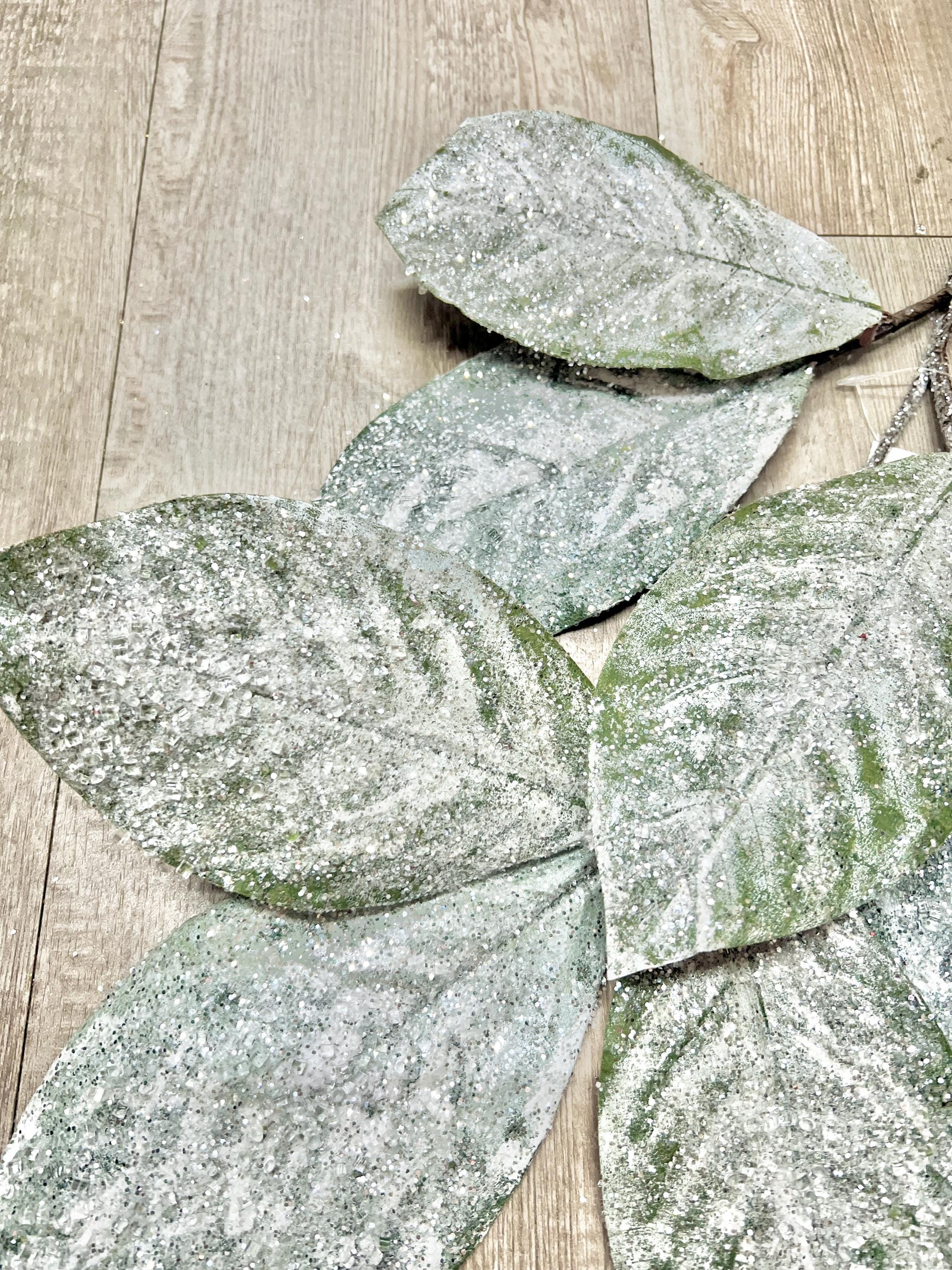 Snowy Glittered Magnolia Leaf Spray ~ 32 Inch