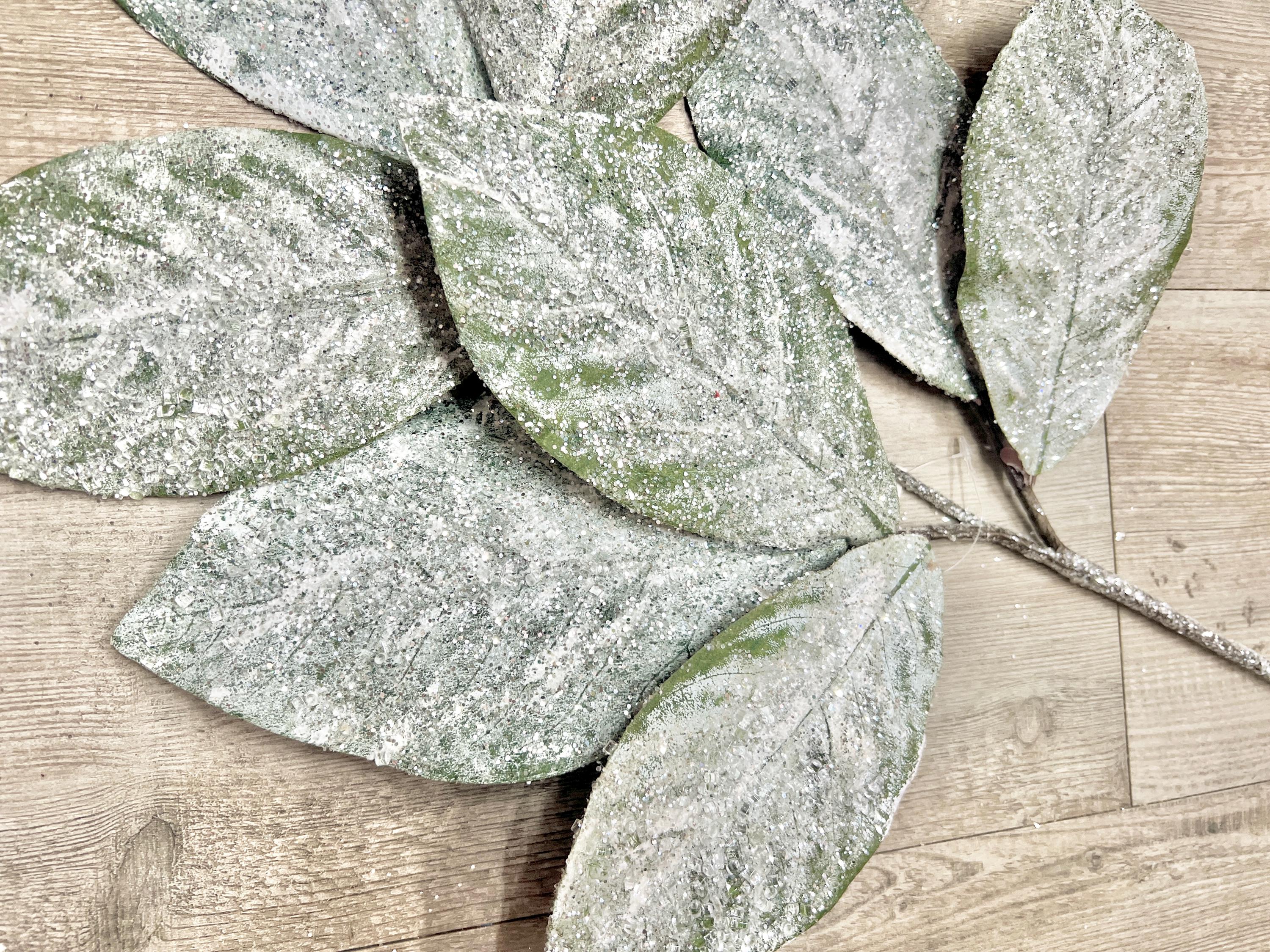Snowy Glittered Magnolia Leaf Spray ~ 32 Inch
