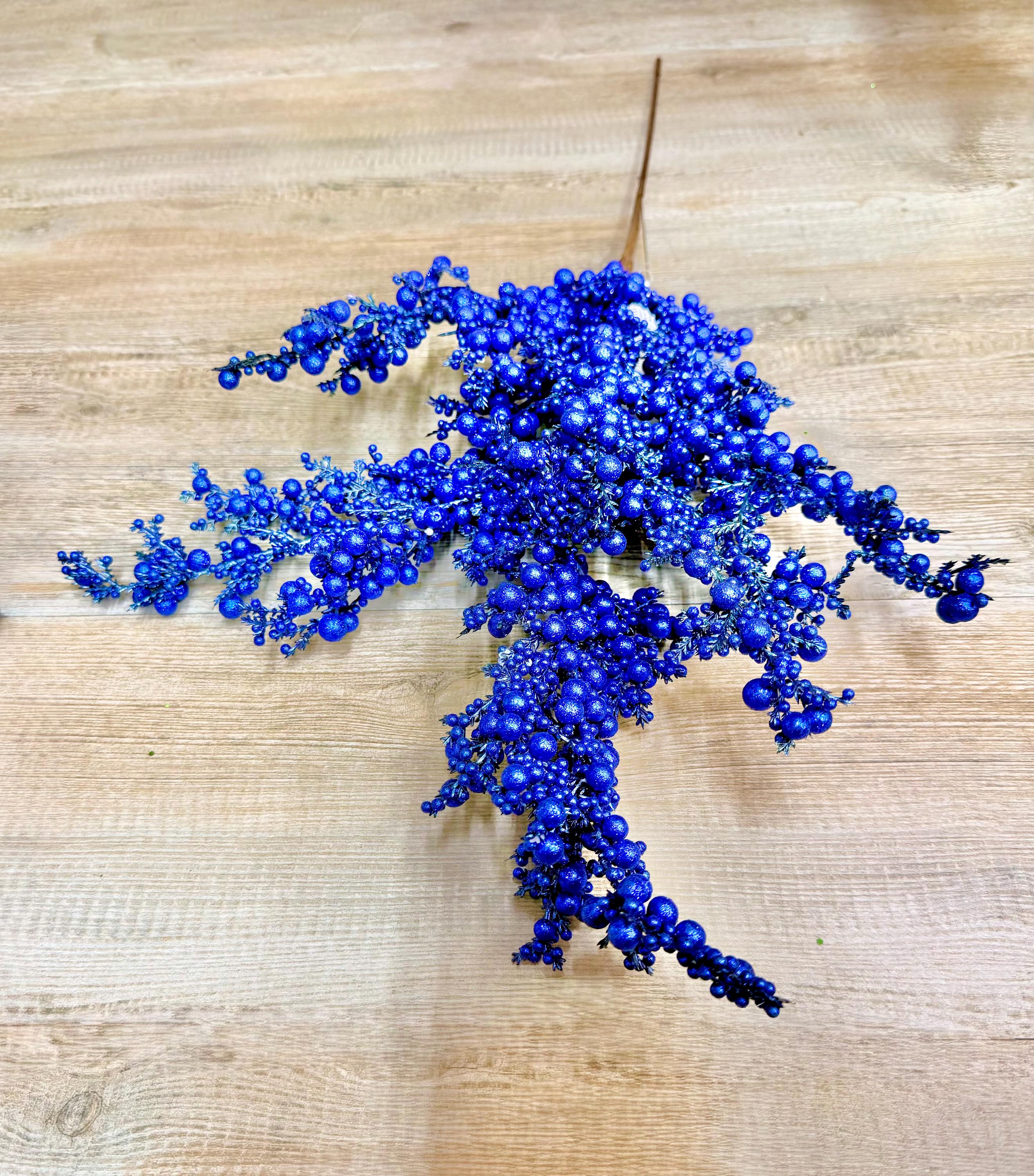 Royal Blue Glittered Berry and Cedar Spray ~ 29 inch