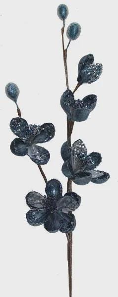 Light Blue Velvet Jeweled Magnolia Bud Spray ~ 34 inch