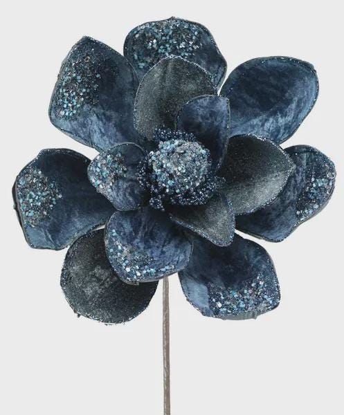 Blue Velvet Jeweled Magnolia Stem ~ 19 inch