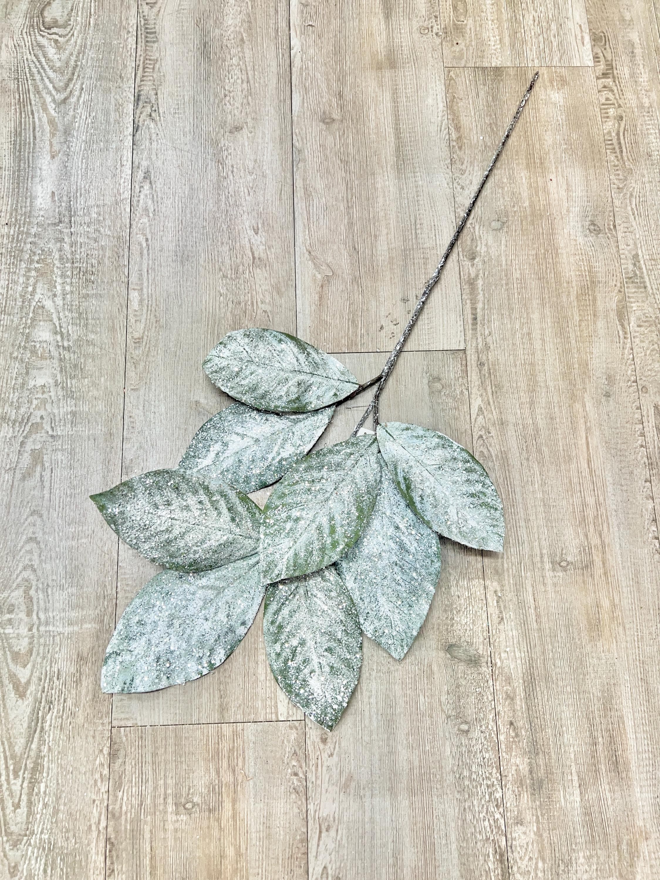 Snowy Glittered Magnolia Leaf Spray ~ 32 Inch
