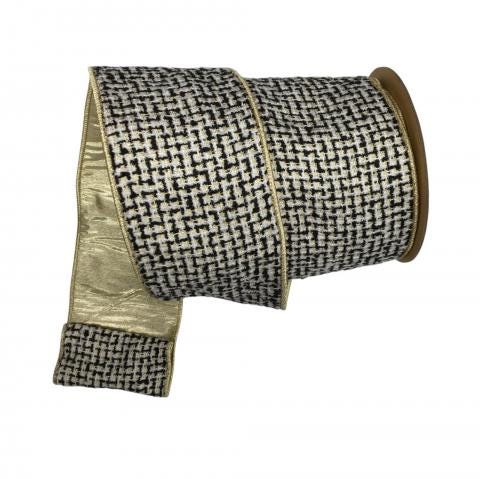 4 inch Black Gold Tweed Ribbon with Gold Backing ~ 10 yards ~ Wired