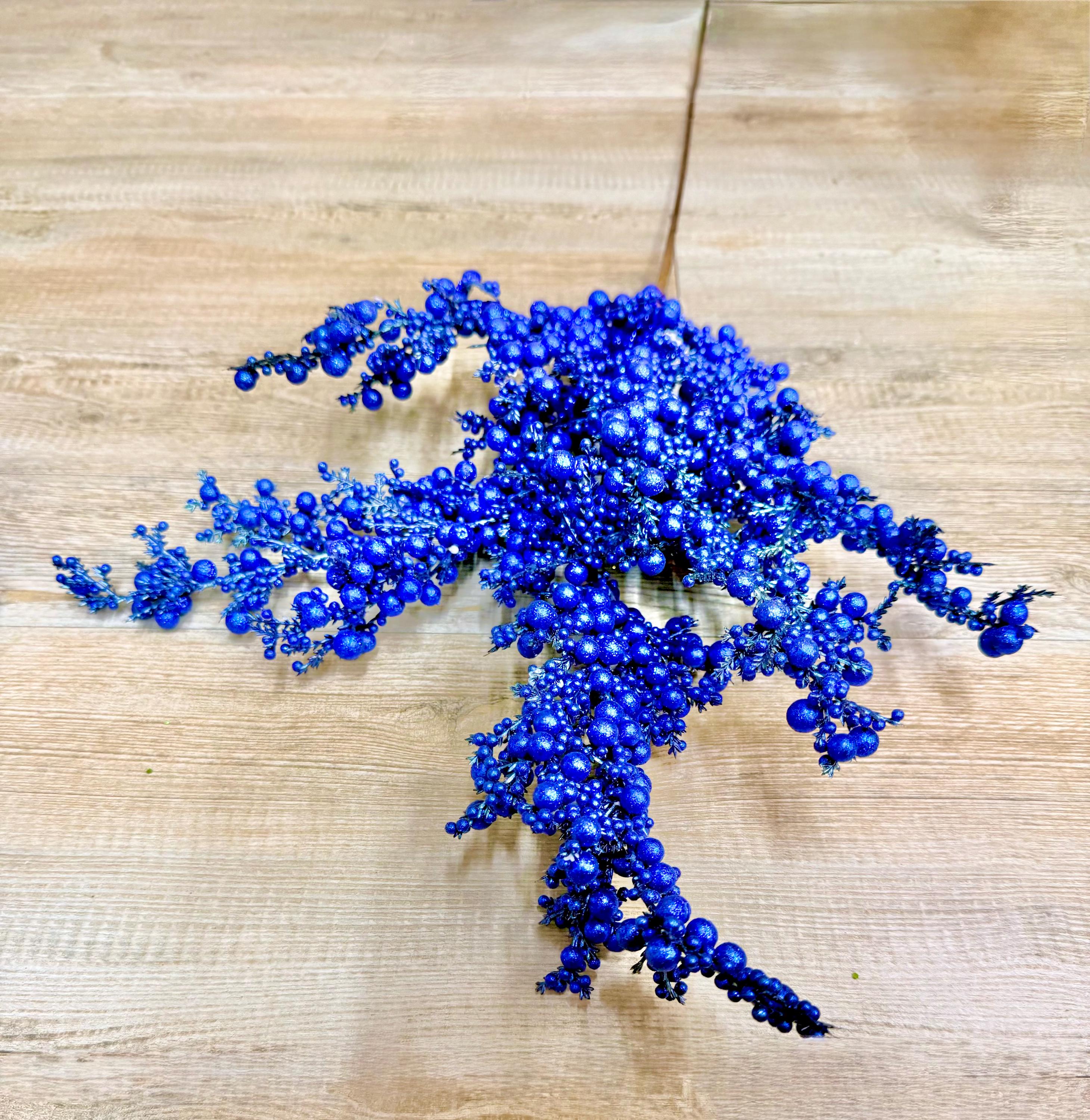 Royal Blue Glittered Berry and Cedar Spray ~ 29 inch