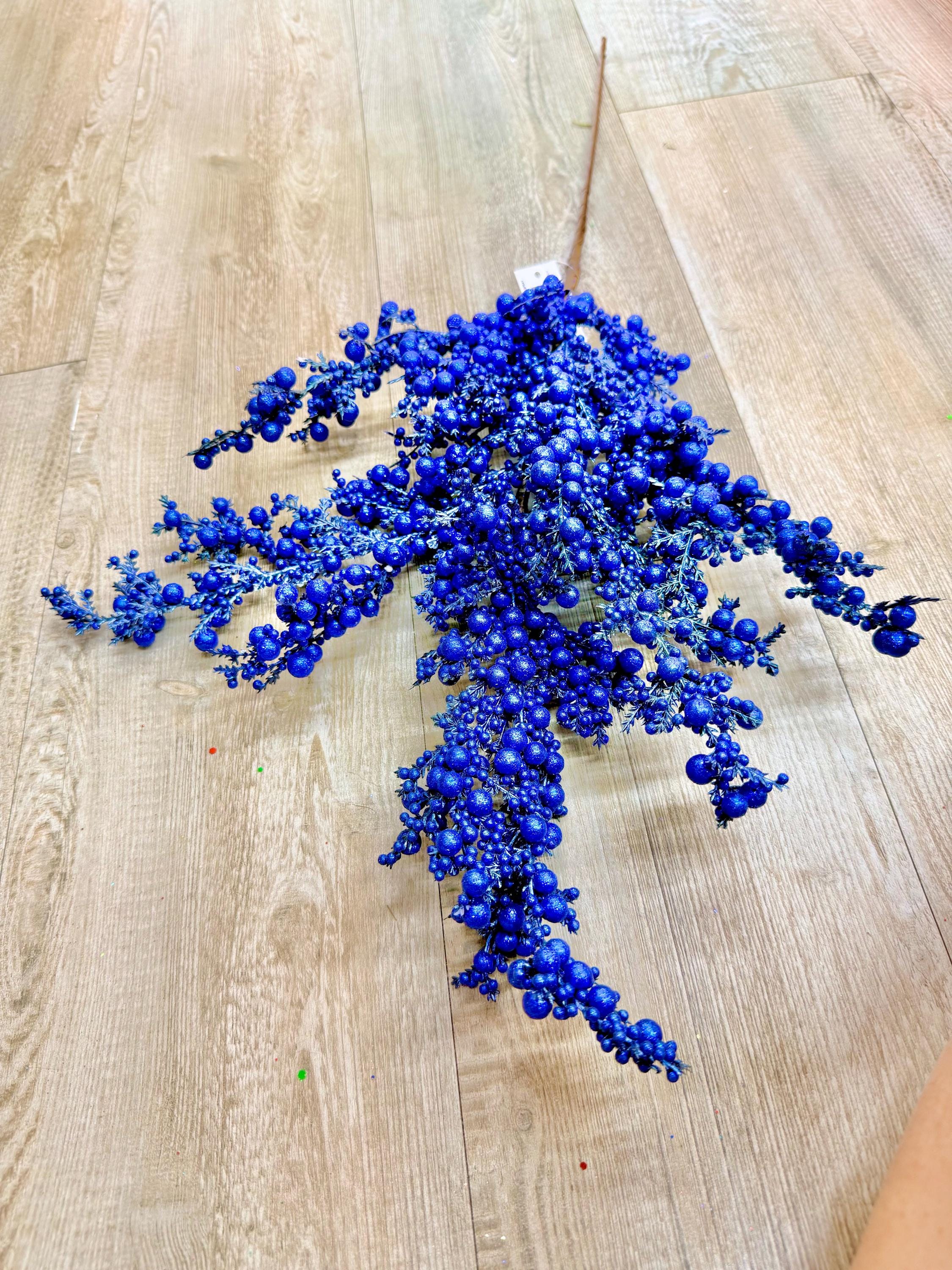 Royal Blue Glittered Berry and Cedar Spray ~ 29 inch