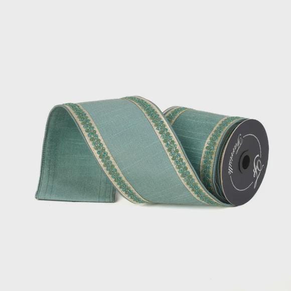 4 Inch Celadon Blue Vintage Scroll Embroidered Ribbon ~ Wired ~ 10 yards