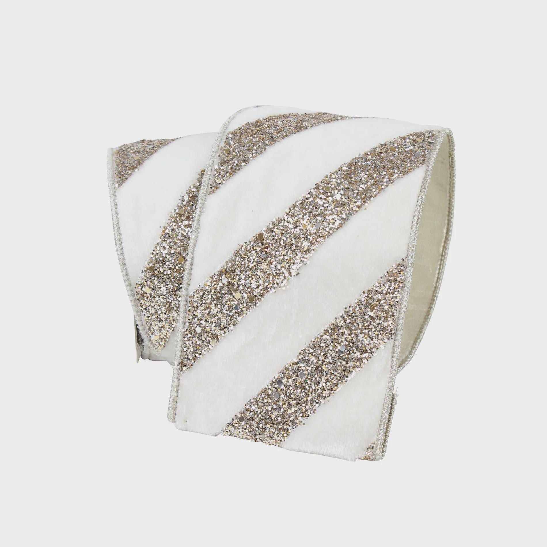 4inch White Velvet Ribbon Gold Glitter Stripes ~ Wired ~ 5 Yards
