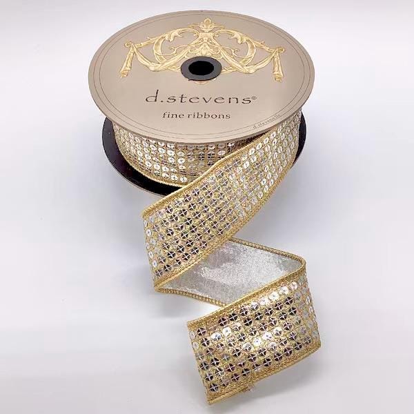 1.5 Inch Gold with Silver Metallic Flash Sequins Ribbon ~ Wired ~ 10 Yards