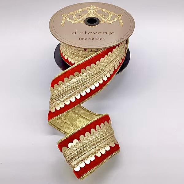 2.5 Inch Red Velvet with Gold Sequin Embroidered Trim ~ 5 yards ~ Wired
