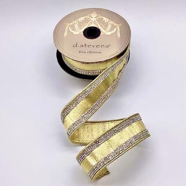 1.5 inch Metallic Champagne Gold with Jewel Trim Ribbon ~ Wired ~ 5 yards