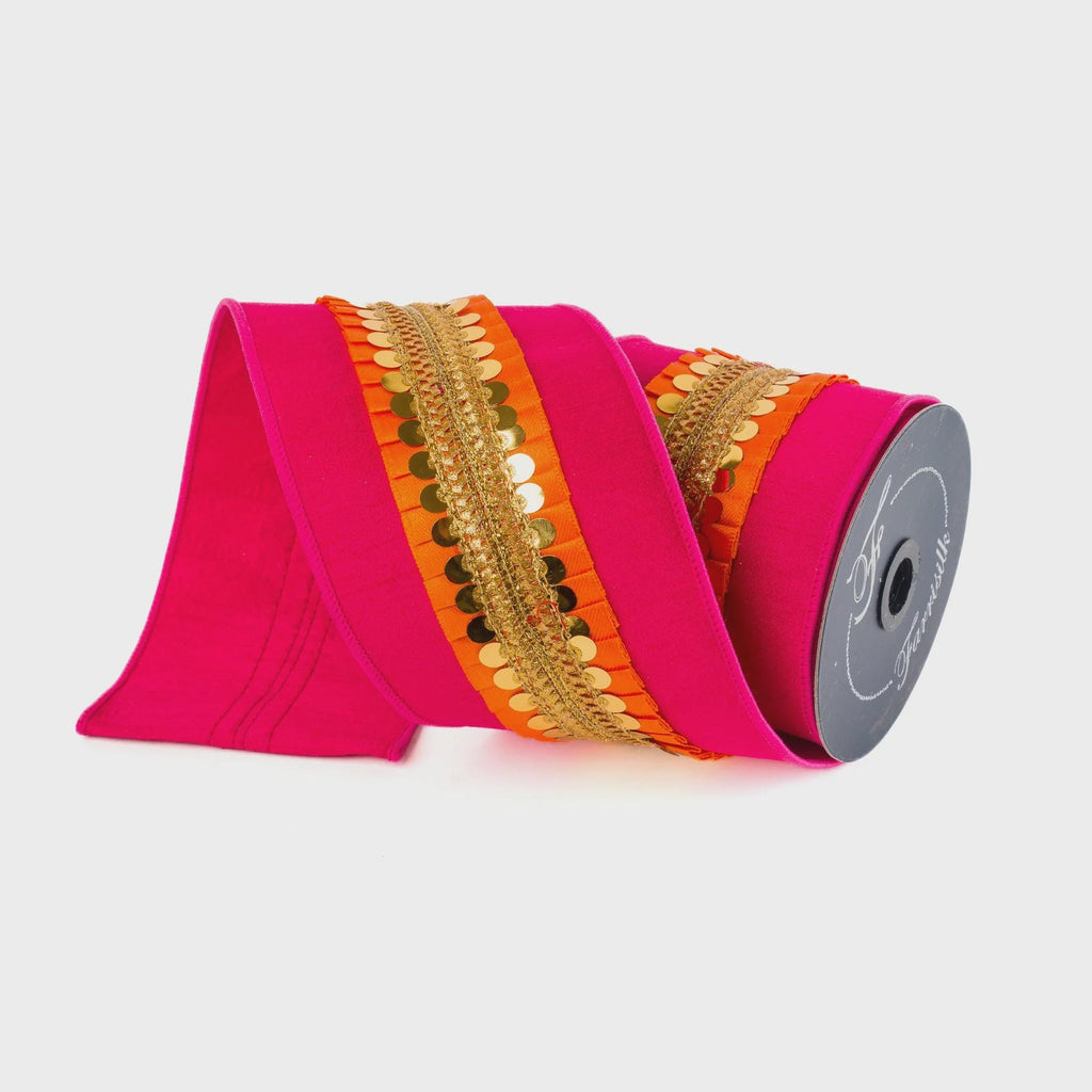 4 Inch Hot Pink & Orange Frills Ribbon ~ Wired ~ 5 yards