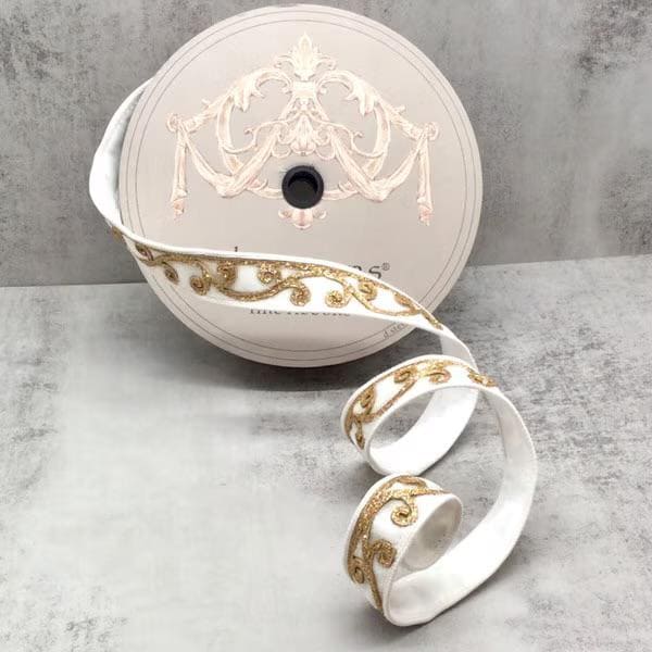 1 inch White Velvet Gold Glitter Scroll Ribbon ~ 10 Yards ~ Wired
