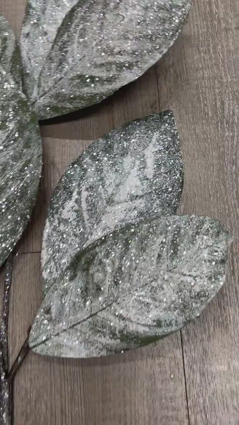 Snowy Glittered Magnolia Leaf Spray ~ 32 Inch