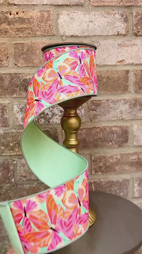 4 inch Hot Pink & Orange Butterfly Ribbon  ~ 10 yards ~ wired