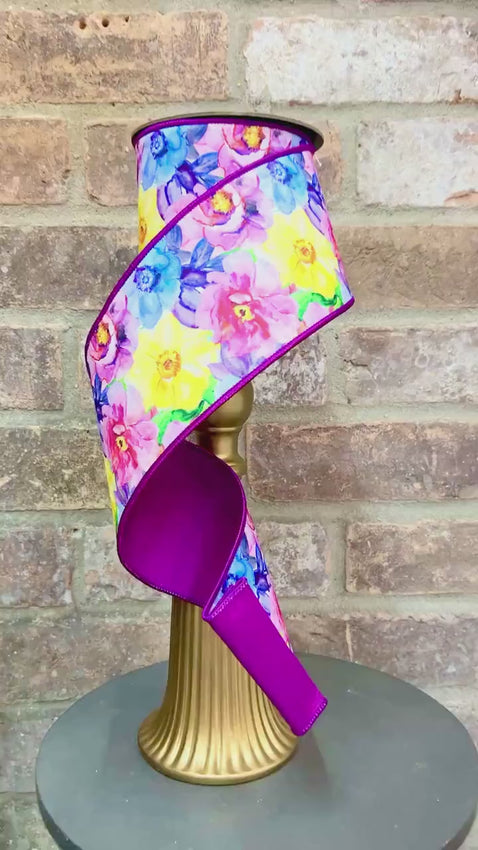 4 inch Purple Watercolor Floral Ribbon  ~ 10 yards ~ wired