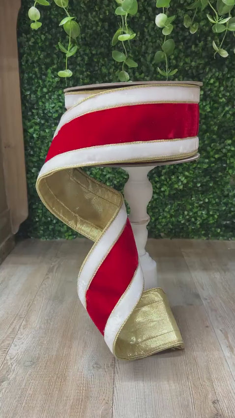 4 Inch Red White & Gold Velvet Santa Stripe Ribbon ~ 10 Yards ~ Wired