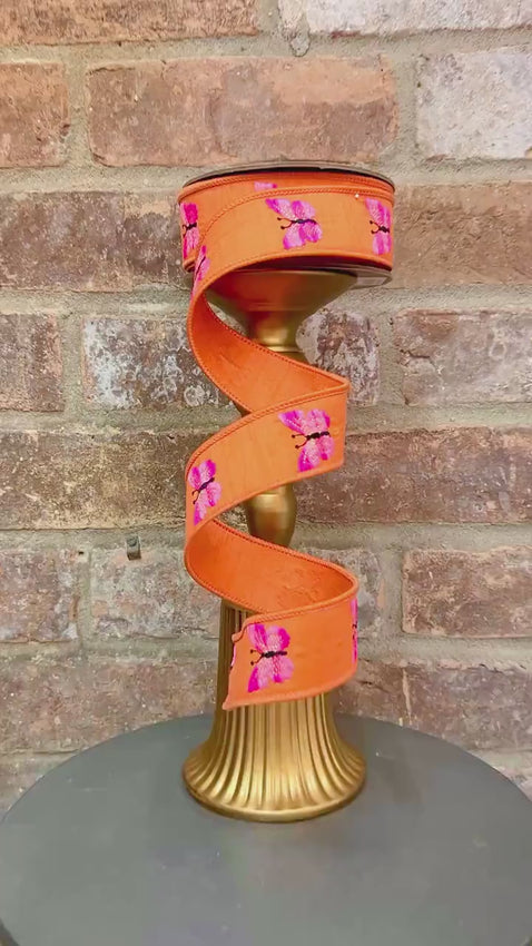 1.5 inch Orange & Pink Embroidered Butterfly Ribbon  ~ 10 yards ~ wired