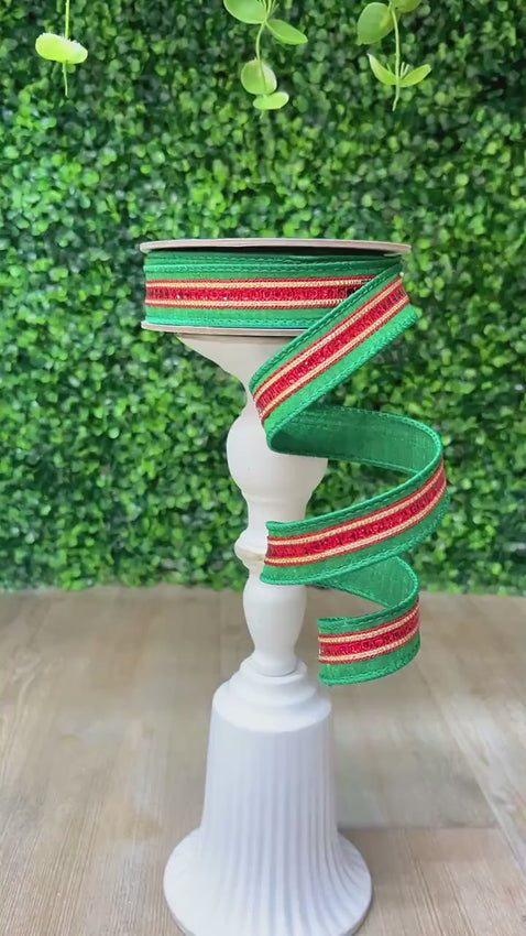 1 Inch Red & Emerald Green Twinkle Trim Ribbon ~ Wired ~ 10 yards