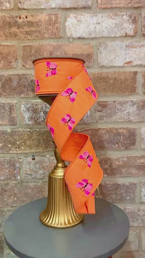 2.5 inch Orange & Two-Tone Pink Embroidered Butterfly Ribbon  ~ 10 yards ~ wired
