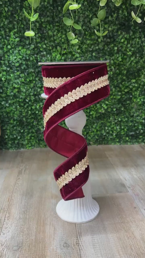 Burgundy Velvet Ribbon with Jewel Embroidery ~ 2.5 inch ~ Wired ~ 5 Yards