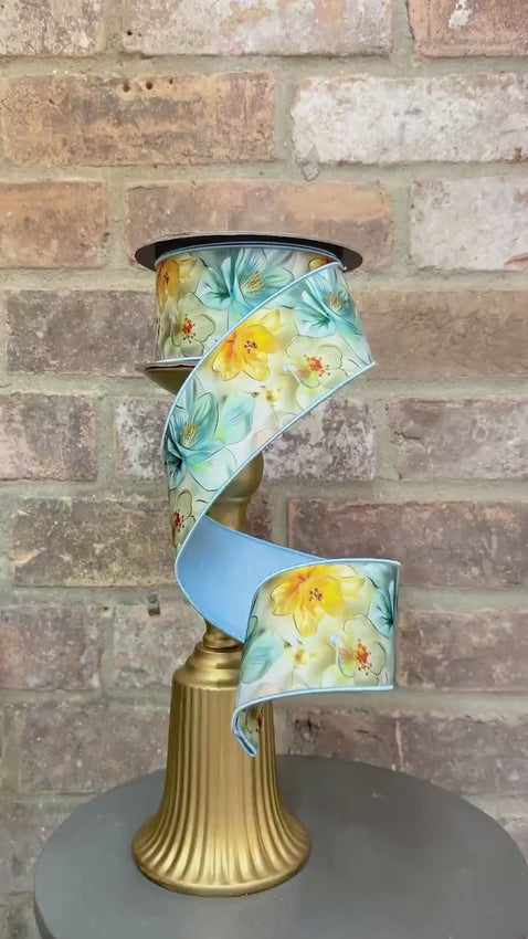 2.5 inch Blue Watercolor Floral Ribbon  ~ 10 yards ~ Wired ~ No Two Alike