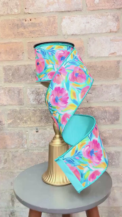 4 inch Pink & Teal Abstract Floral Ribbon  ~ 10 yards ~ wired
