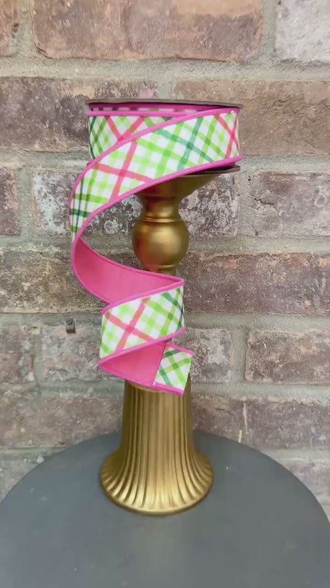 1.5 inch Pink & Green Watercolor Lattice Check Ribbon  ~ 10 yards ~ wired