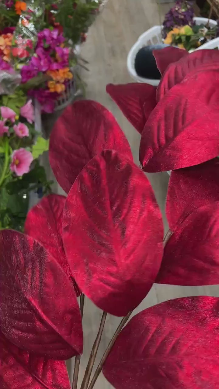 Red Shimmer Magnolia Leaf Spray ~ 39 Inch