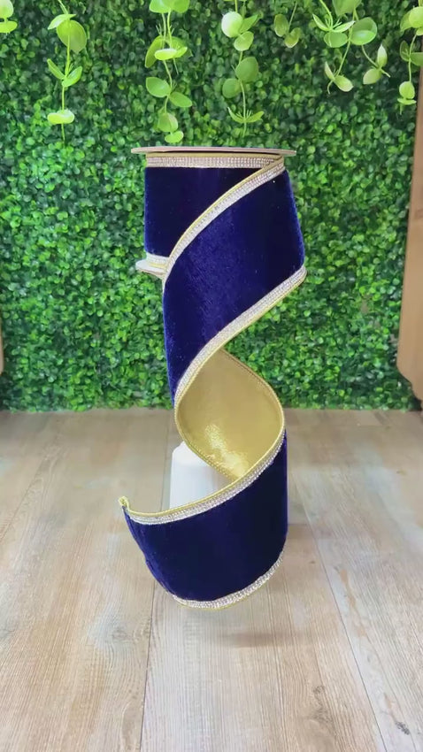 4 Inch Navy Velvet Diamond Trim Farrisilk Ribbon ~ 5 Yards ~ Wired