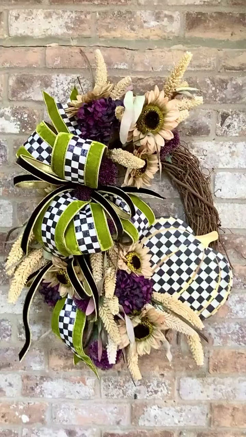 Fall Sunflower & Checkered Pumpkin Grapevine Wreath