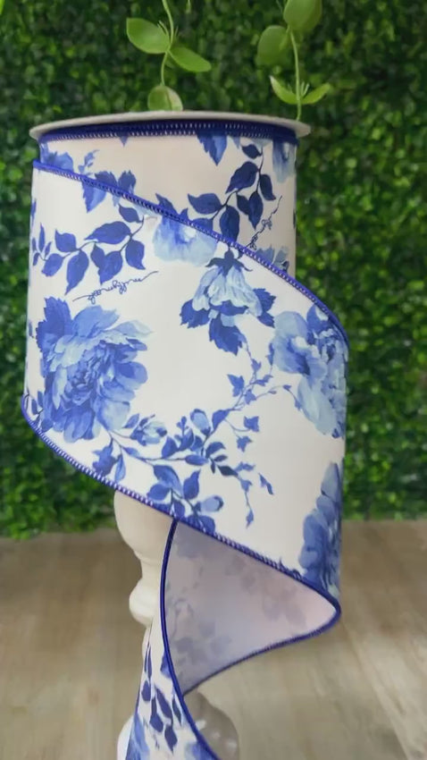 4 Inch Blue Chinoiserie Toile Ribbon ~ 10 Yards ~ Wired