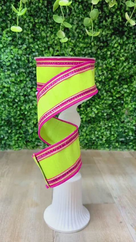 Lime & Hot Pink Sequins Trim 2.5 Inch Ribbon ~ Wired ~ 10 yards