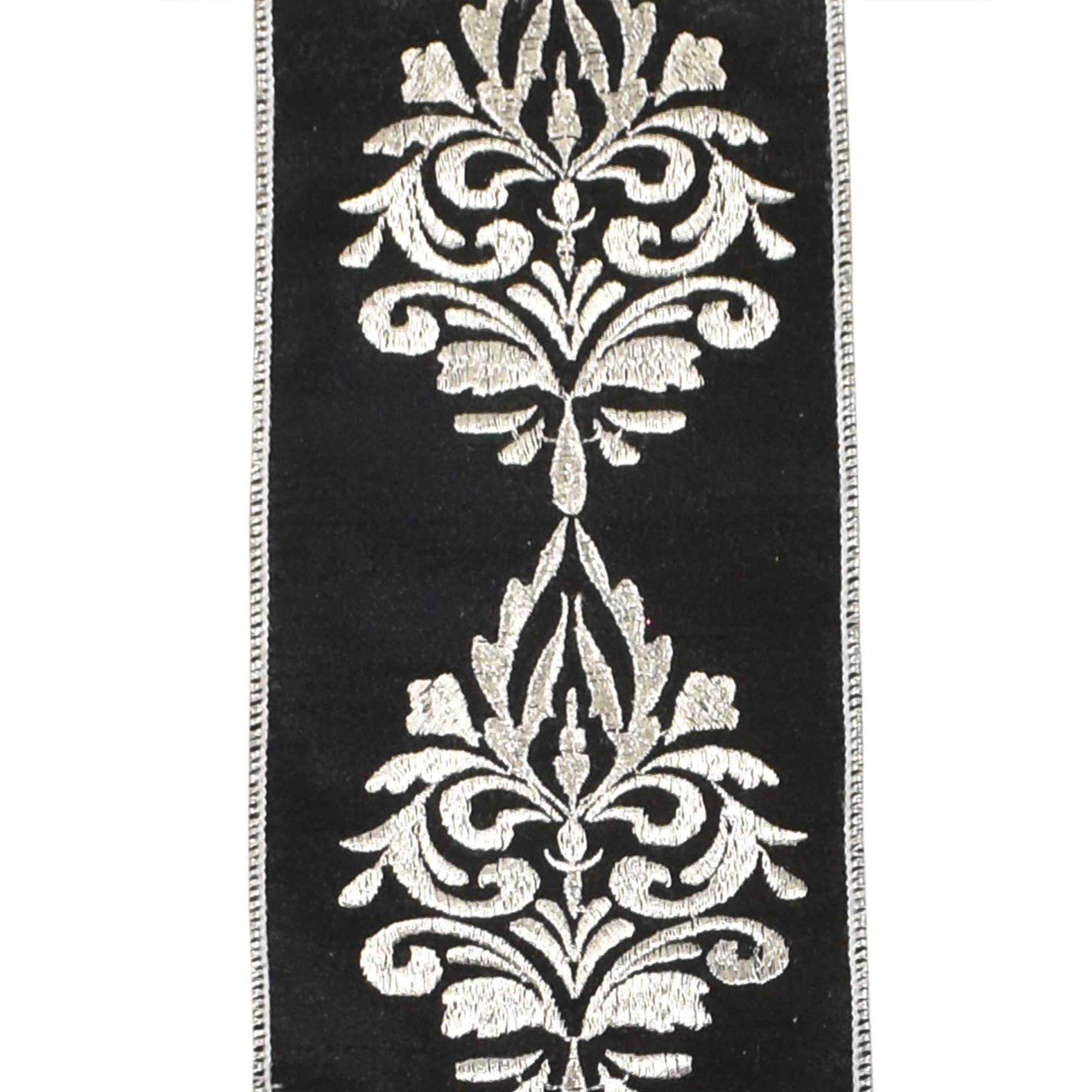 Black Dupion Ribbon w/ Elegant Silver Embroidery 4"X10YD