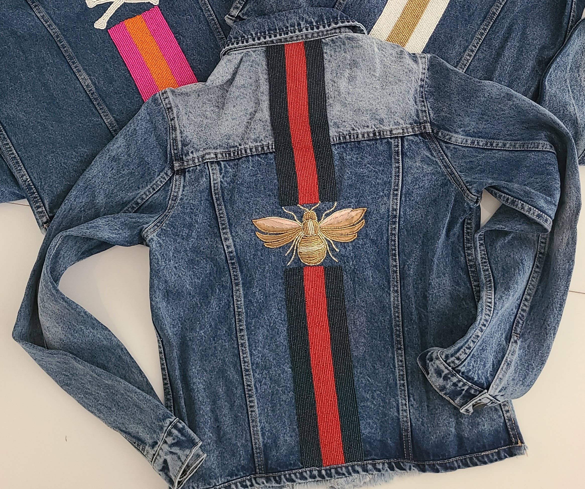Beaded Bee Embroidered Denim Jacket - Red
