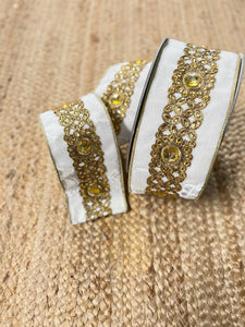 4 Inch White Velvet Gold Jeweled Luxury Ribbon~ 10 Yards ~ Wired