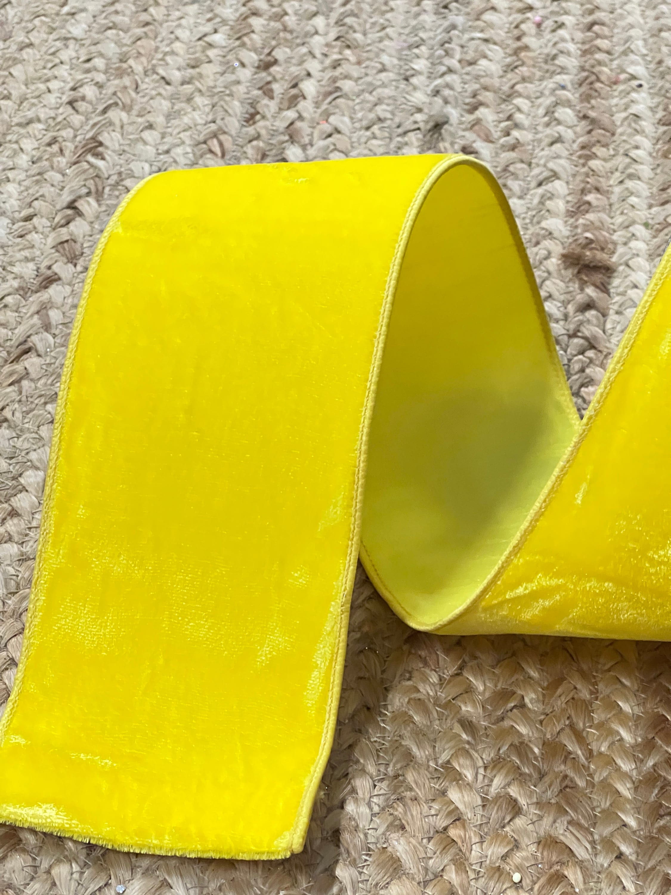 4 inch Farrisilk Bright Yellow Velvet Luster ~ Yellow Satin Back~ 10 yards ~ Wired