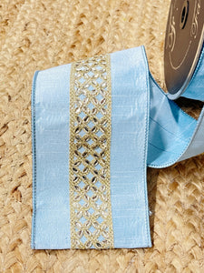4 inch Farrisilk Light Blue Jeweled Ribbon ~ 10 yards ~ Wired