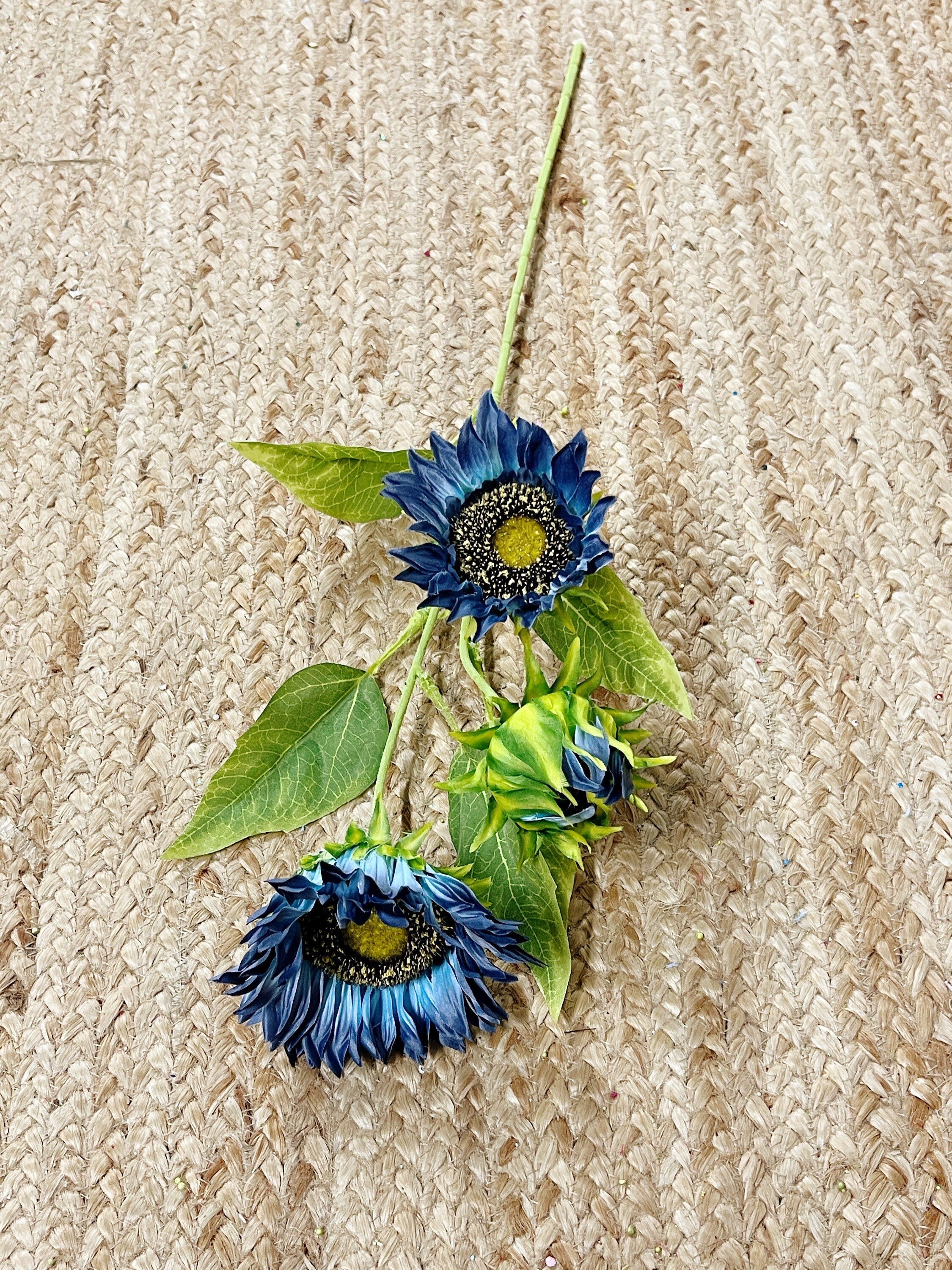Blue Sunflower Spray ~ 2 flowers 1 bud ~ 26 inches